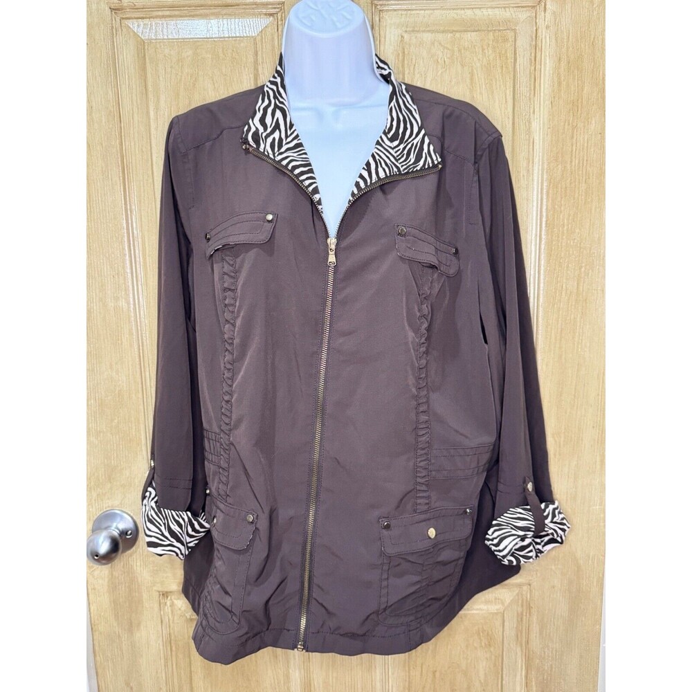 Zenergy b Chico's Jacket Women's 3 Brown Zebra Print Zip Up Roll Tab Lightweight